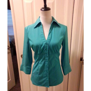 Classic Women's Button-Down Turquoise Three Quarter Sleeve Blouse.